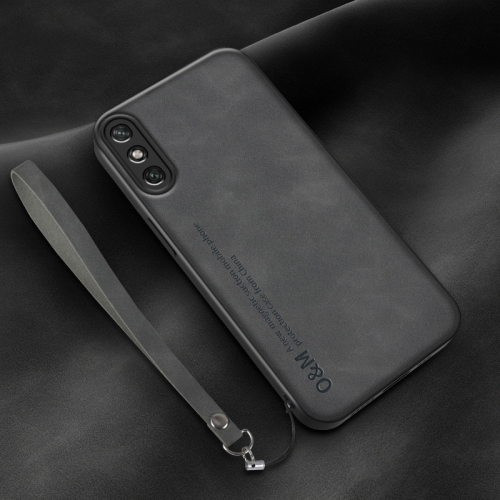 

For Huawei Enjoy 10e Lamba Skin Feel Leather Back Phone Case with Strap(Dark Grey)