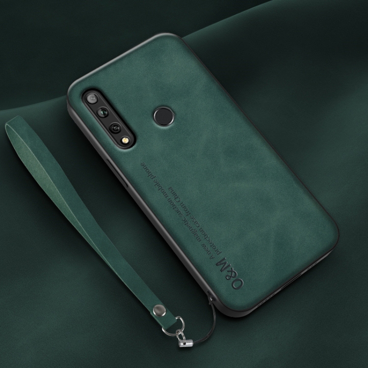 

For Huawei Enjoy 10 Plus Lamba Skin Feel Leather Back Phone Case with Strap(Deep Green)