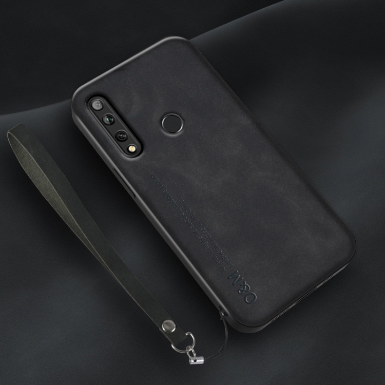 

For Huawei Enjoy 10 Plus Lamba Skin Feel Leather Back Phone Case with Strap(Black)