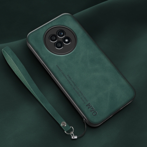 

For Huawei Enjoy 20 Plus Lamba Skin Feel Leather Back Phone Case with Strap(Deep Green)