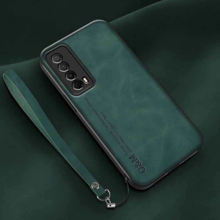 

For Huawei Enjoy 20 SE Lamba Skin Feel Leather Back Phone Case with Strap(Deep Green)