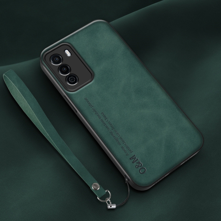 

For Huawei Enjoy 30e Lamba Skin Feel Leather Back Phone Case with Strap(Deep Green)