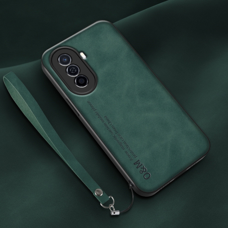 

For Huawei Enjoy 50 4G Lamba Skin Feel Leather Back Phone Case with Strap(Deep Green)