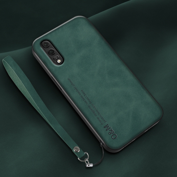 

For Huawei P20 Lamba Skin Feel Leather Back Phone Case with Strap(Deep Green)