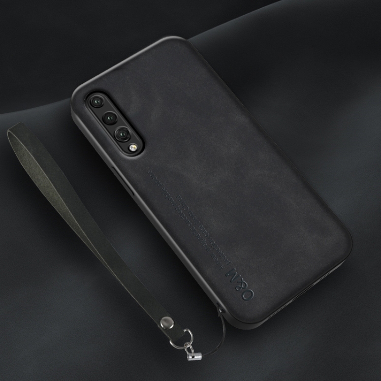 

For Huawei P20 Pro Lamba Skin Feel Leather Back Phone Case with Strap(Black)