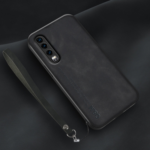 

For Huawei P30 Lamba Skin Feel Leather Back Phone Case with Strap(Black)