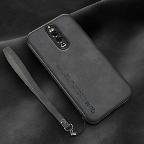 

For Huawei Mate 9 Pro Lamba Skin Feel Leather Back Phone Case with Strap(Dark Grey)