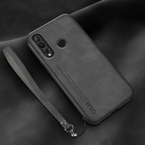 

For Huawei nova 4 Lamba Skin Feel Leather Back Phone Case with Strap(Dark Grey)