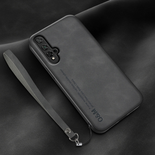 

For Huawei nova 5 Lamba Skin Feel Leather Back Phone Case with Strap(Dark Grey)