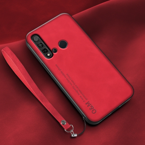 

For Huawei nova 5i Lamba Skin Feel Leather Back Phone Case with Strap(Red)