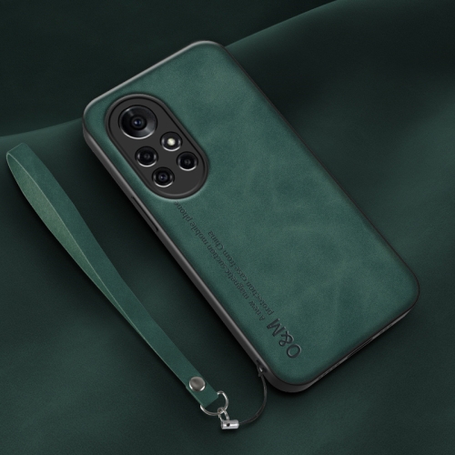 

For Huawei nova 8 Pro Lamba Skin Feel Leather Back Phone Case with Strap(Deep Green)