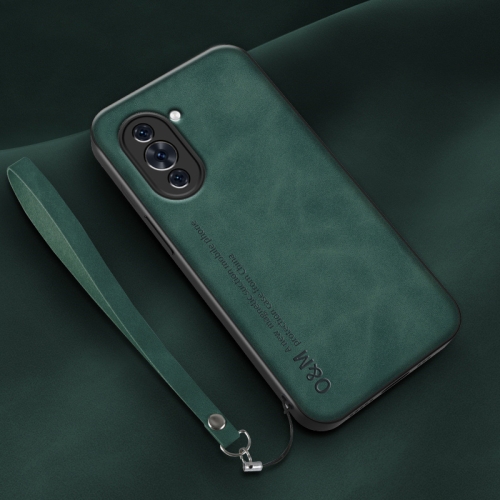 

For Huawei nova 10 Pro Lamba Skin Feel Leather Back Phone Case with Strap(Deep Green)