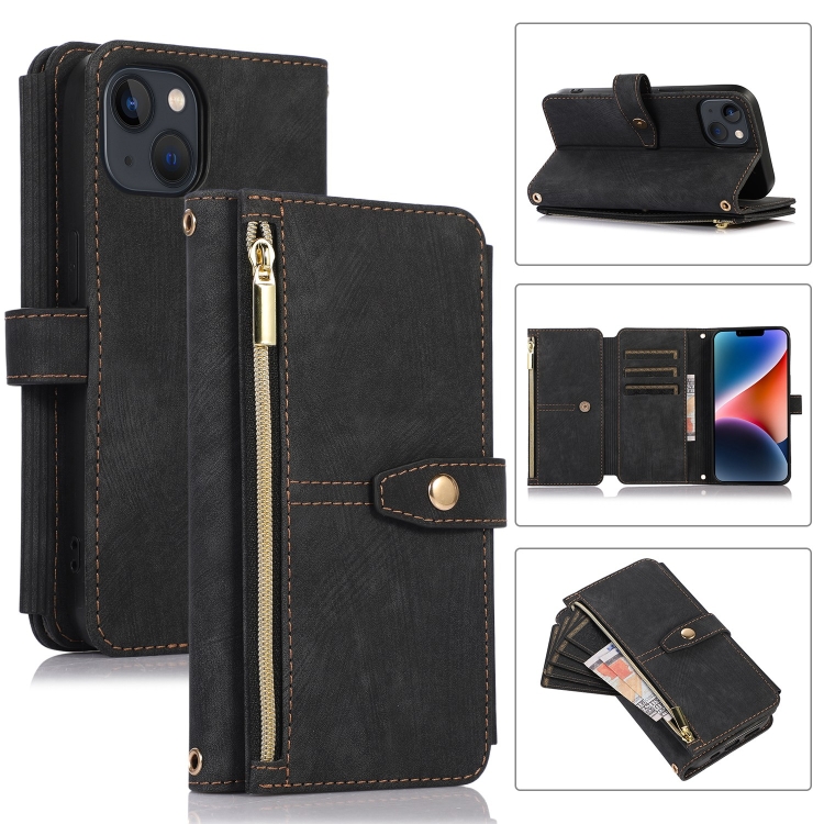 

For iPhone 14 Dream 9-Card Wallet Zipper Bag Leather Phone Case(Black)