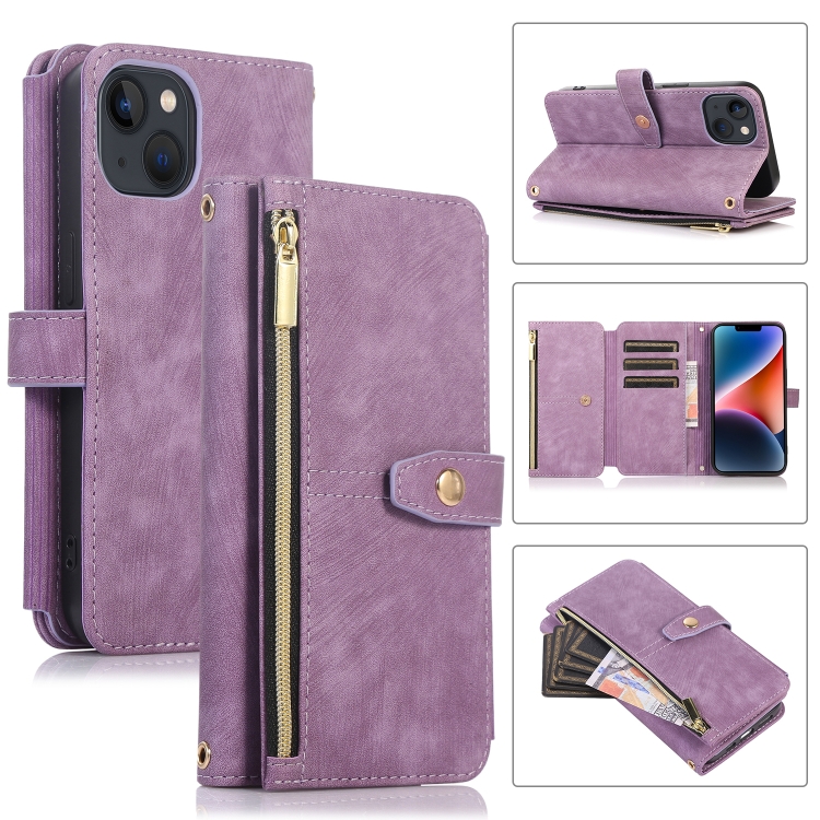 

For iPhone 14 Dream 9-Card Wallet Zipper Bag Leather Phone Case(Purple)