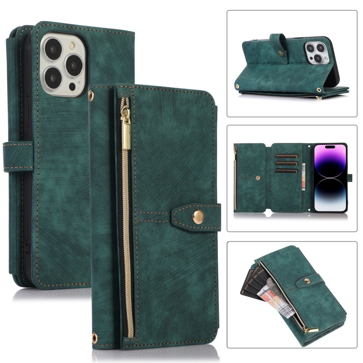 

For iPhone 14 Pro Max Dream 9-Card Wallet Zipper Bag Leather Phone Case(Green)