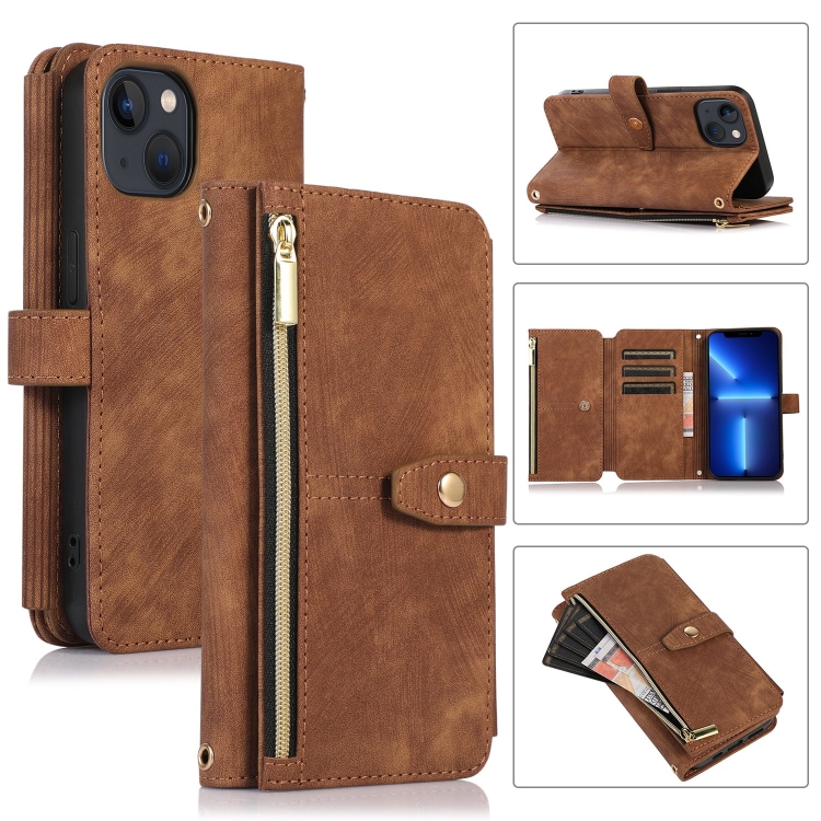 

For iPhone 13 Dream 9-Card Wallet Zipper Bag Leather Phone Case(Brown)