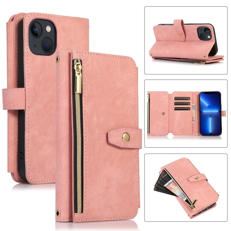 

For iPhone 13 Dream 9-Card Wallet Zipper Bag Leather Phone Case(Pink)