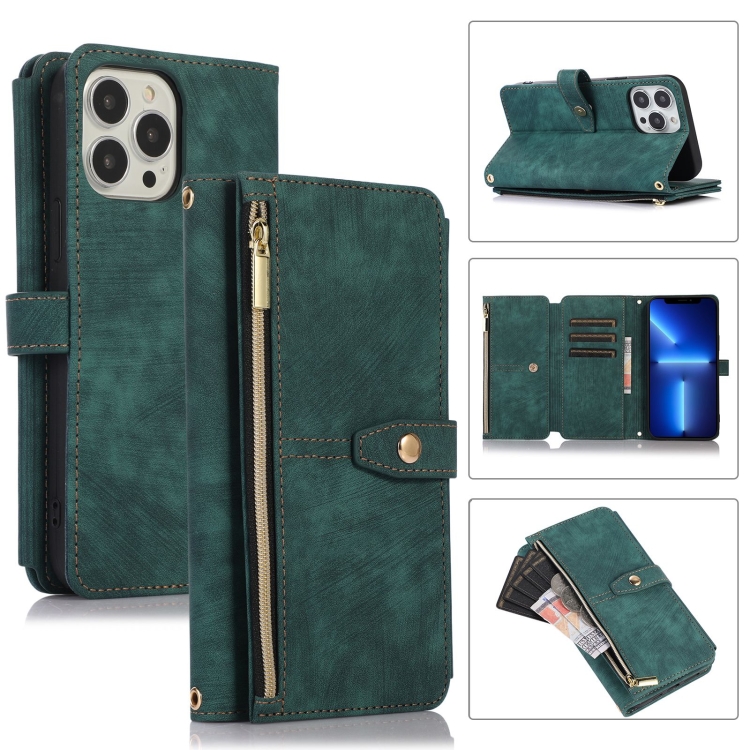 

For iPhone 13 Pro Dream 9-Card Wallet Zipper Bag Leather Phone Case(Green)