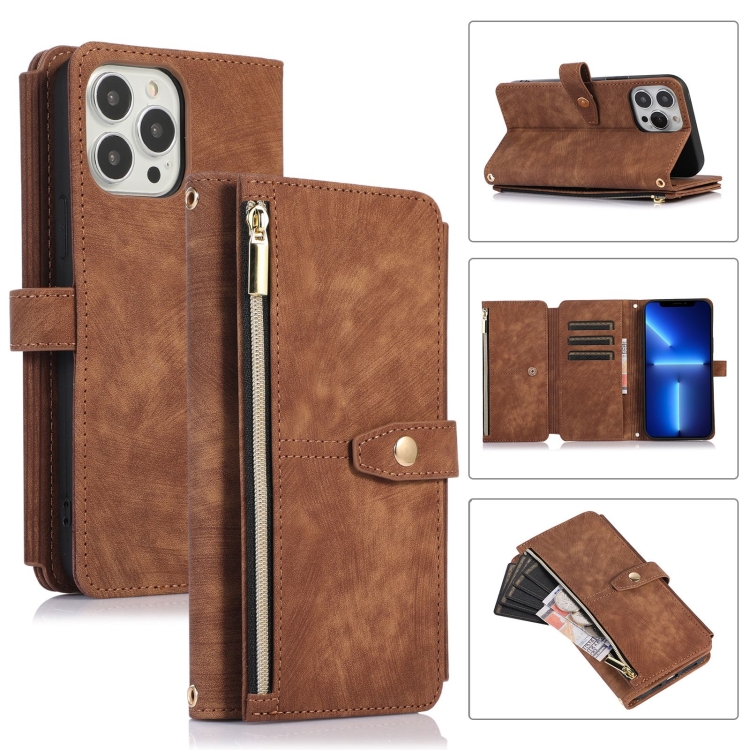 

For iPhone 13 Pro Max Dream 9-Card Wallet Zipper Bag Leather Phone Case(Brown)