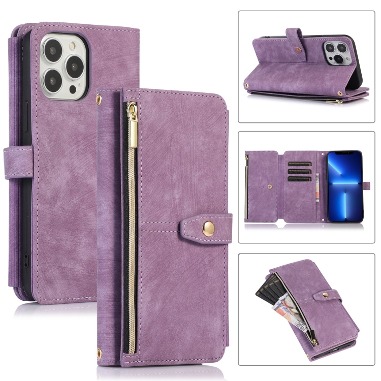 

For iPhone 13 Pro Max Dream 9-Card Wallet Zipper Bag Leather Phone Case(Purple)