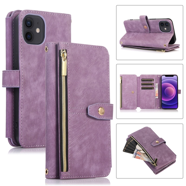 

For iPhone 12 mini Dream 9-Card Wallet Zipper Bag Leather Phone Case(Purple)
