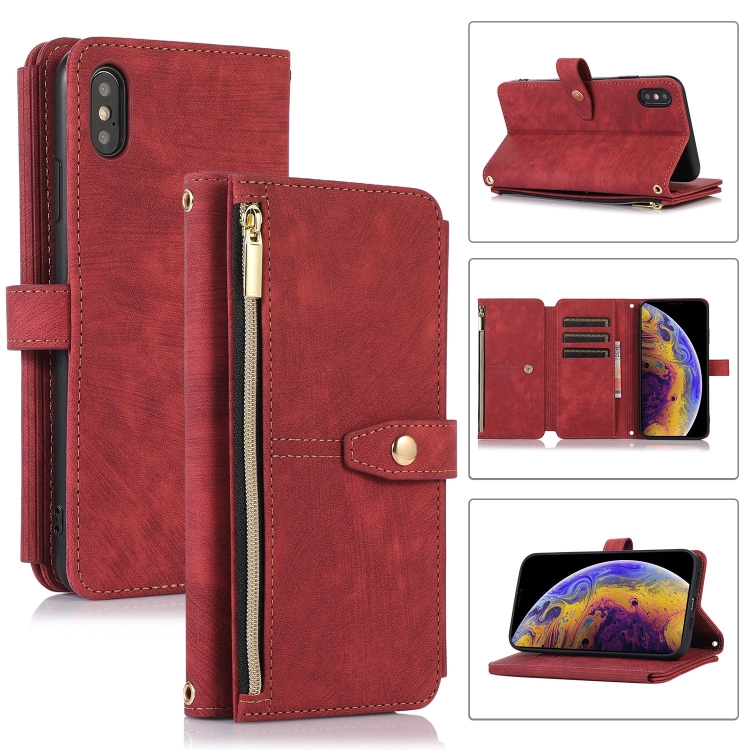 

For iPhone X / XS Dream 9-Card Wallet Zipper Bag Leather Phone Case(Red)