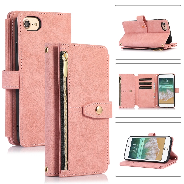 

For iPhone SE 2022 / 2020 / 7 / 8 Dream 9-Card Wallet Zipper Bag Leather Phone Case(Pink)