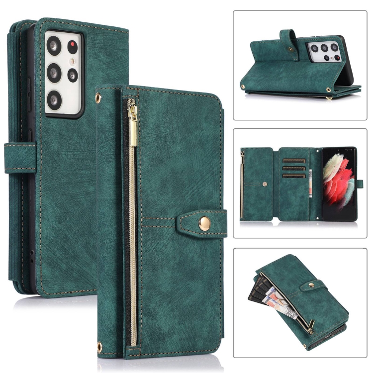 

For Samsung Galaxy S21 Ultra 5G Dream 9-Card Wallet Zipper Bag Leather Phone Case(Green)