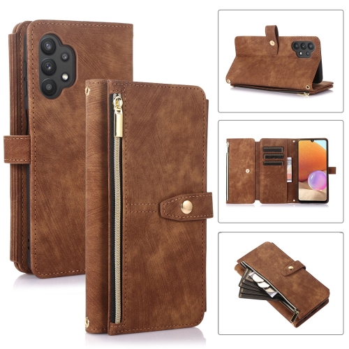 

For Samsung Galaxy A32 4G Dream 9-Card Wallet Zipper Bag Leather Phone Case(Brown)