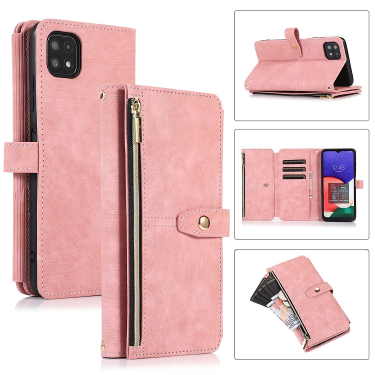 

For Samsung Galaxy A22 4G Dream 9-Card Wallet Zipper Bag Leather Phone Case(Pink)