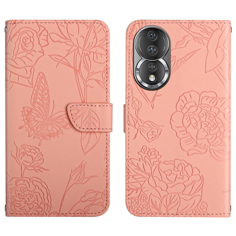 

For Honor 80 HT03 Skin Feel Butterfly Embossed Flip Leather Phone Case(Pink)