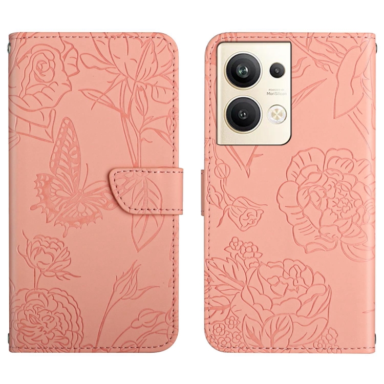 

For OPPO Reno9 Pro+ HT03 Skin Feel Butterfly Embossed Flip Leather Phone Case(Pink)