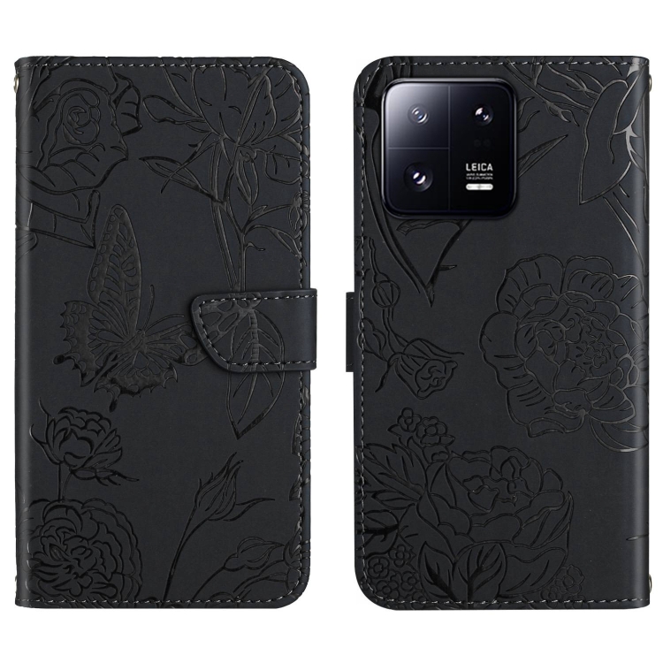 

For Xiaomi 13 HT03 Skin Feel Butterfly Embossed Flip Leather Phone Case(Black)