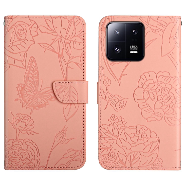 

For Xiaomi 13 Pro HT03 Skin Feel Butterfly Embossed Flip Leather Phone Case(Pink)