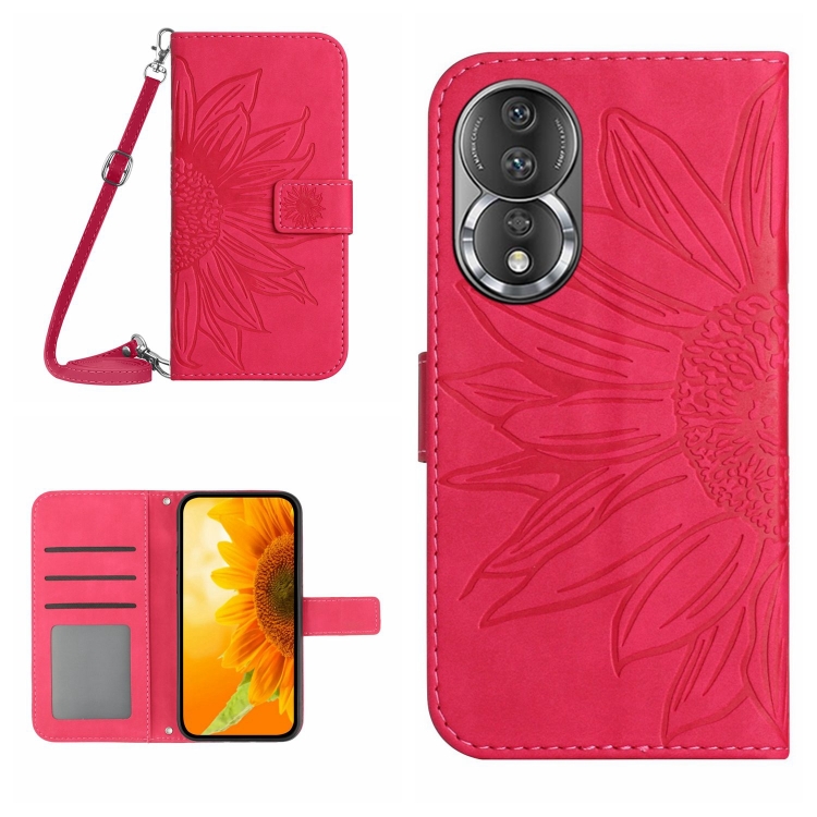 

For Honor 80 HT04 Skin Feel Sun Flower Embossed Flip Leather Phone Case with Lanyard(Rose Red)