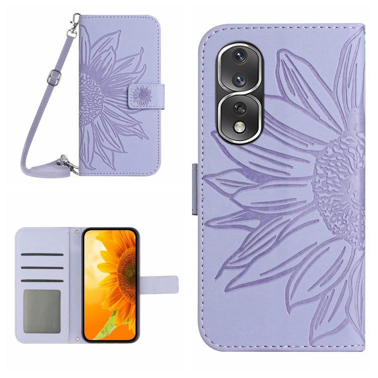 

For Honor 80 Pro HT04 Skin Feel Sun Flower Embossed Flip Leather Phone Case with Lanyard(Purple)
