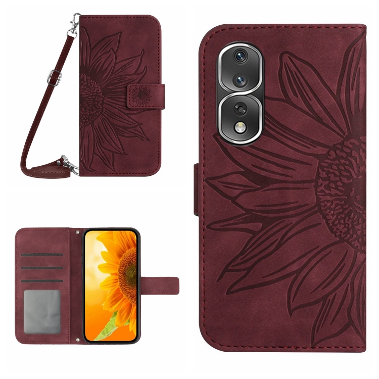 

For Honor 80 Pro HT04 Skin Feel Sun Flower Embossed Flip Leather Phone Case with Lanyard(Wine Red)