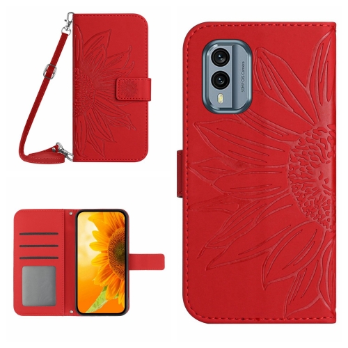 

For Nokia X30 HT04 Skin Feel Sun Flower Embossed Flip Leather Phone Case with Lanyard(Red)