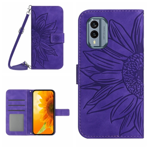 

For Nokia X30 HT04 Skin Feel Sun Flower Embossed Flip Leather Phone Case with Lanyard(Dark Purple)
