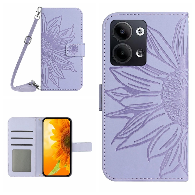 

For OPPO Reno9 / Reno9 Pro HT04 Skin Feel Sun Flower Embossed Flip Leather Phone Case with Lanyard(Purple)