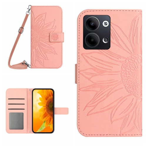 

For OPPO Reno9 / Reno9 Pro HT04 Skin Feel Sun Flower Embossed Flip Leather Phone Case with Lanyard(Pink)