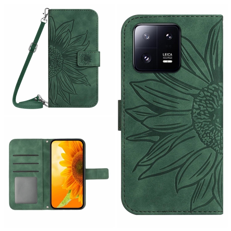 

For Xiaomi 13 Pro HT04 Skin Feel Sun Flower Embossed Flip Leather Phone Case with Lanyard(Green)