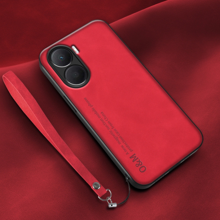 

For Honor Play 40 Plus Lamba Skin Feel Leather Back Phone Case with Strap(Red)