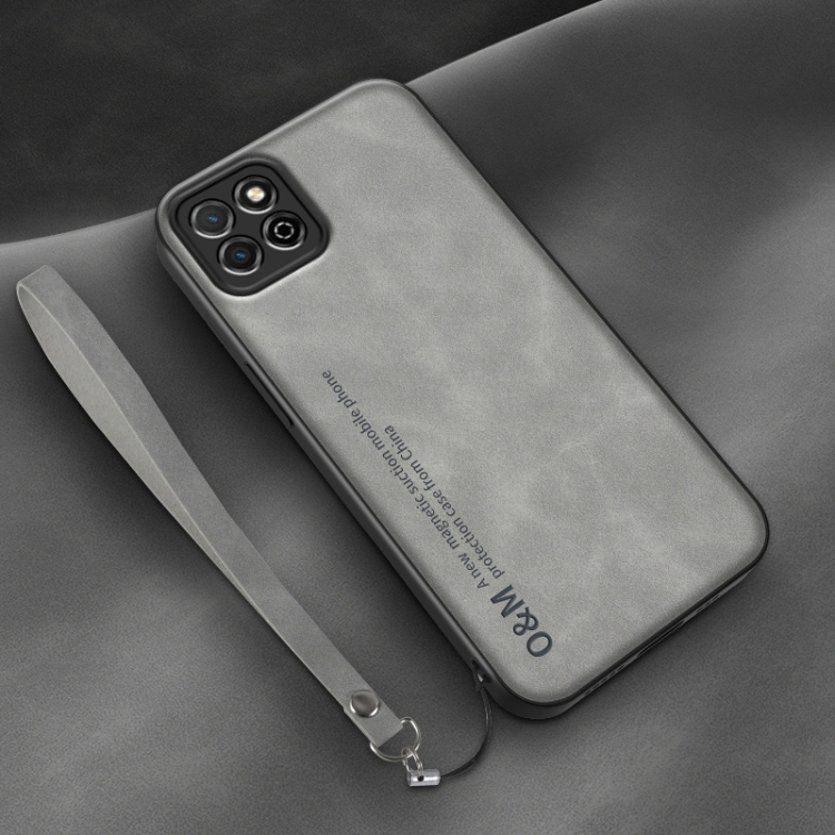 

For Honor Play 20 Lamba Skin Feel Leather Back Phone Case with Strap(Space Grey)