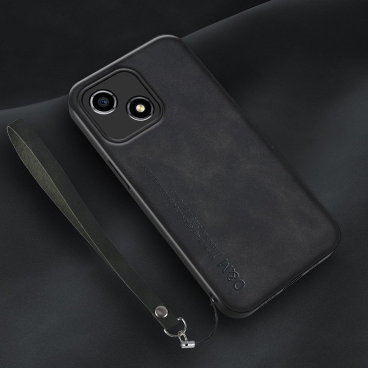 

For Honor Play 30 Lamba Skin Feel Leather Back Phone Case with Strap(Black)