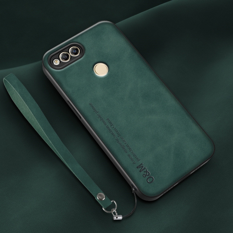 

For Honor 7X Lamba Skin Feel Leather Back Phone Case with Strap(Deep Green)