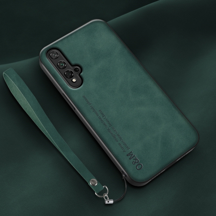 

For Honor 20 Lamba Skin Feel Leather Back Phone Case with Strap(Deep Green)