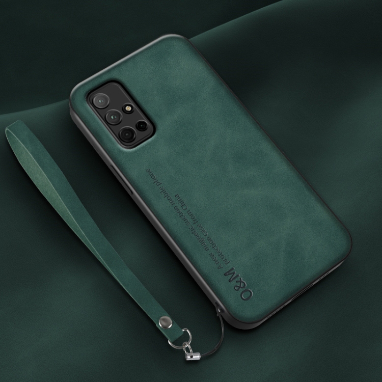 

For Honor 30S Lamba Skin Feel Leather Back Phone Case with Strap(Deep Green)
