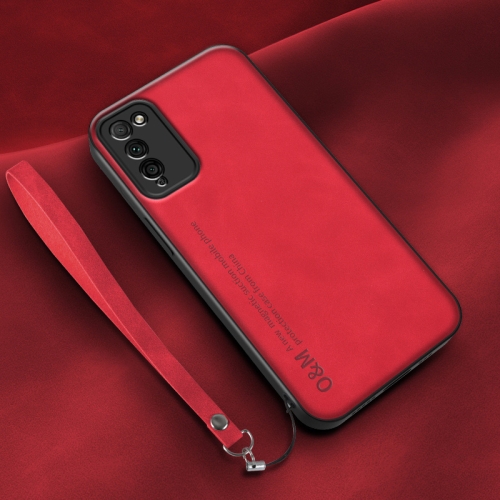 

For Honor 30 Youth Lamba Skin Feel Leather Back Phone Case with Strap(Red)