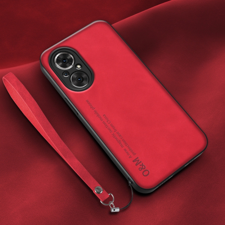 

For Honor 50 SE Lamba Skin Feel Leather Back Phone Case with Strap(Red)